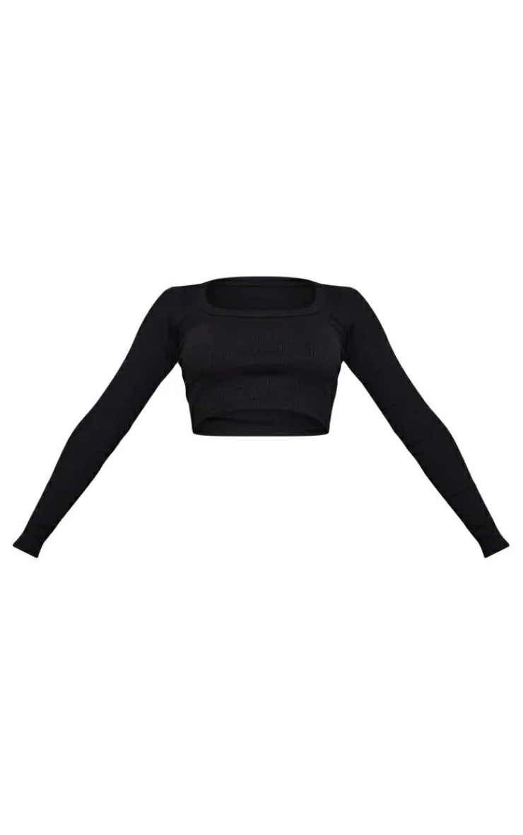 New PrettyLittleThing Rib Scoop Neck Long Sleeve Crop Top Black