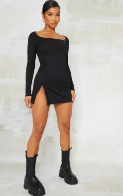 Rib Split Hem Square Neck Long Sleeve Bodycon Dress-PrettyLittleThing Clearance