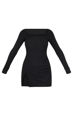 Rib Split Hem Square Neck Long Sleeve Bodycon Dress-PrettyLittleThing Clearance