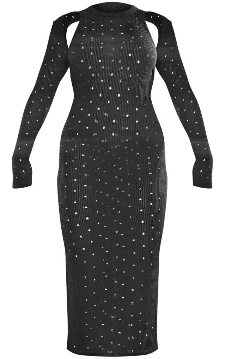 Ribbed Long Sleeve Cut Out Midi Dress-PrettyLittleThing Sale