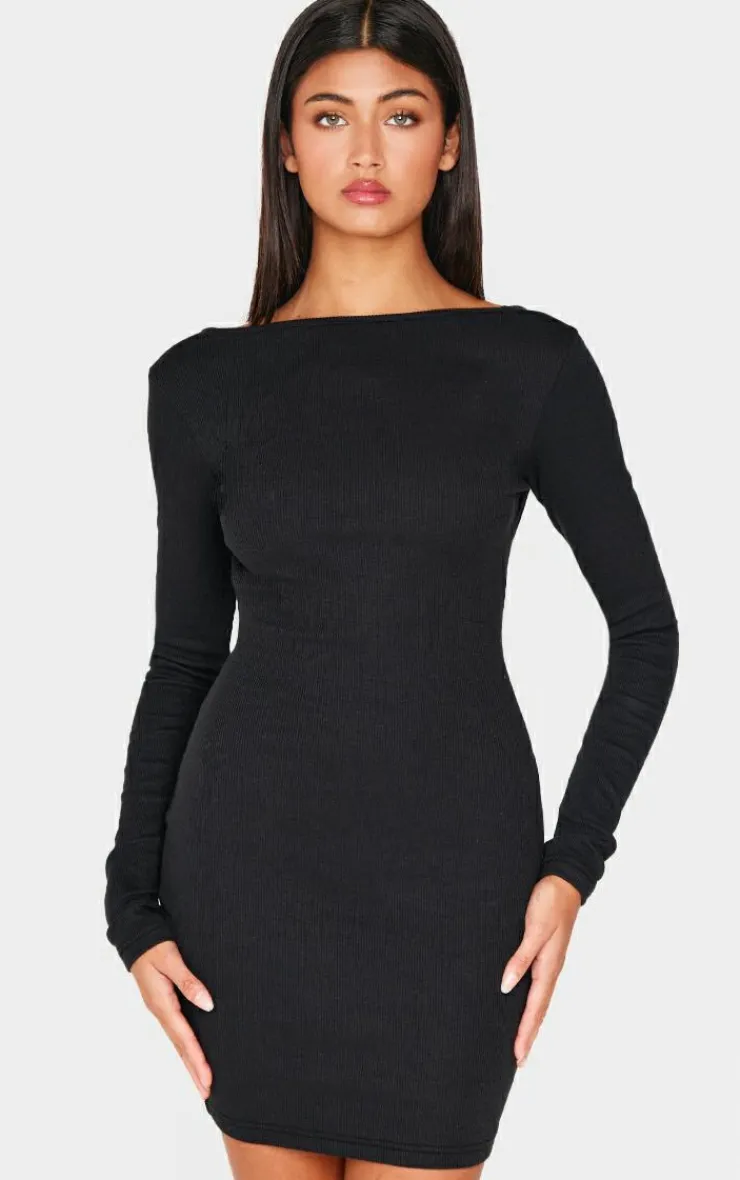 Ribbed Low Back Long Sleeve Bodycon Dress-PrettyLittleThing Online