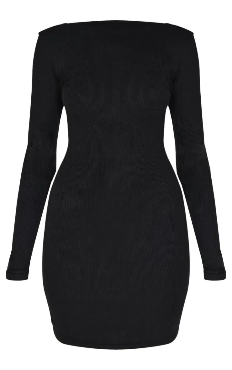Ribbed Low Back Long Sleeve Bodycon Dress-PrettyLittleThing Online