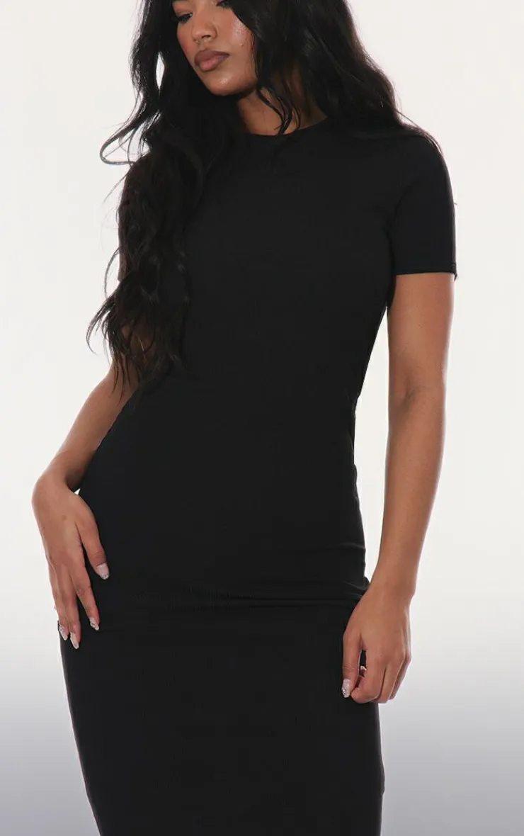 Ribbed Short Sleeve Crew Neck Midi Dress-PrettyLittleThing New