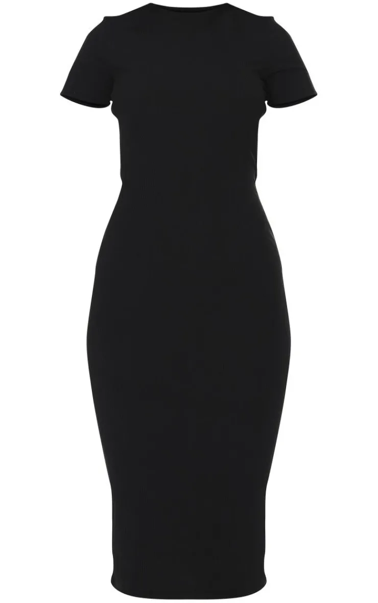 Ribbed Short Sleeve Crew Neck Midi Dress-PrettyLittleThing New