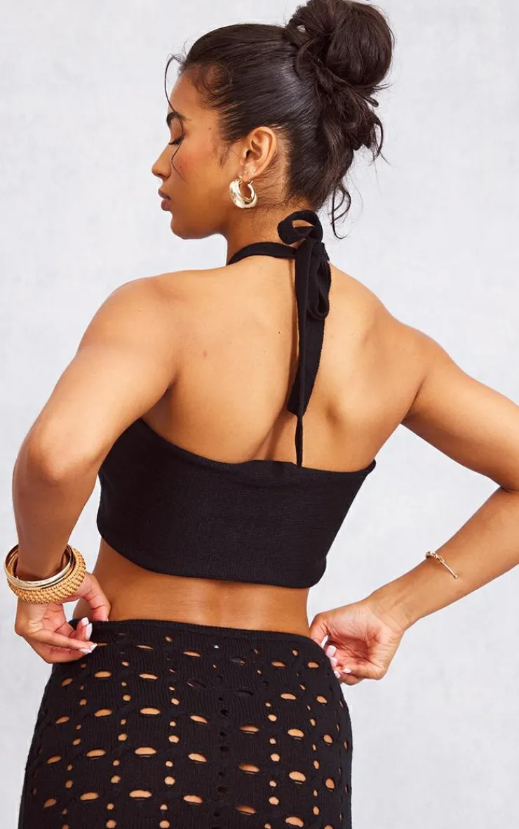 Outlet PrettyLittleThing Ring Detail Halter Tie Knit Bralet Black