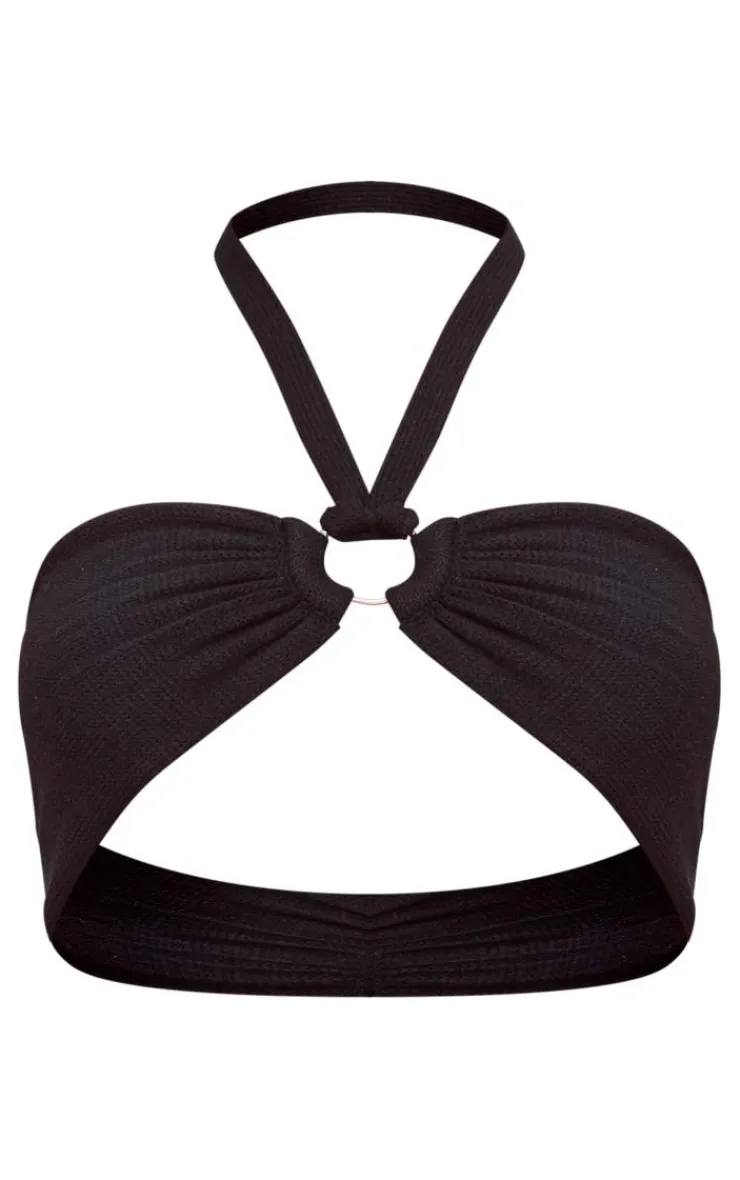 Outlet PrettyLittleThing Ring Detail Halter Tie Knit Bralet Black
