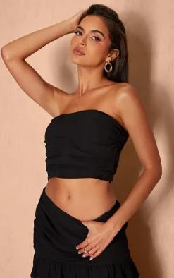Discount PrettyLittleThing Ruched Bandeau Top Black