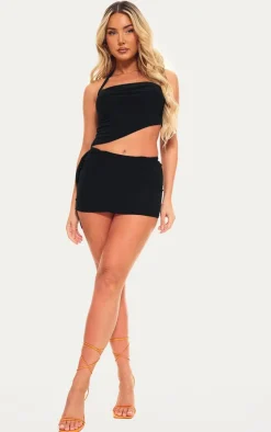 Online PrettyLittleThing Ruched Drape Low Rise Micro Mini Skirt Black