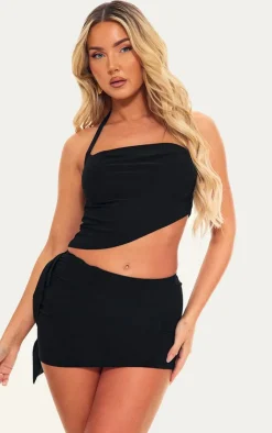 Online PrettyLittleThing Ruched Drape Low Rise Micro Mini Skirt Black