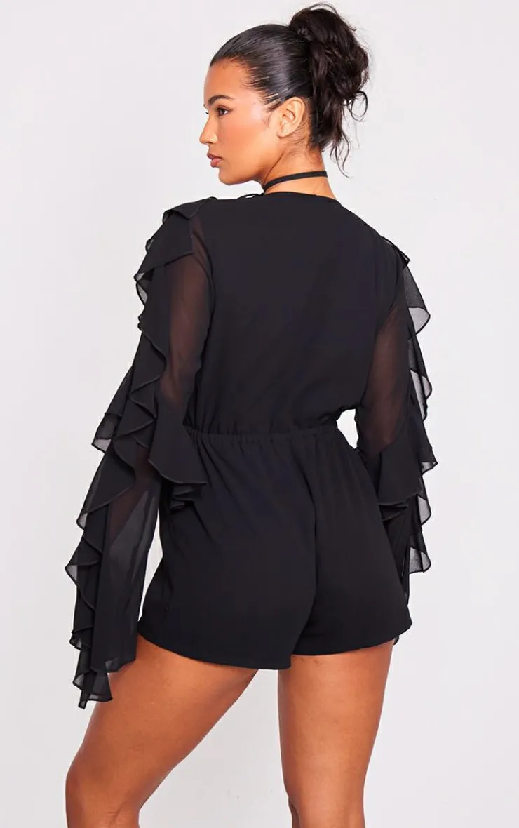Ruffle Detail Long Sleeve Plunge Romper-PrettyLittleThing Discount