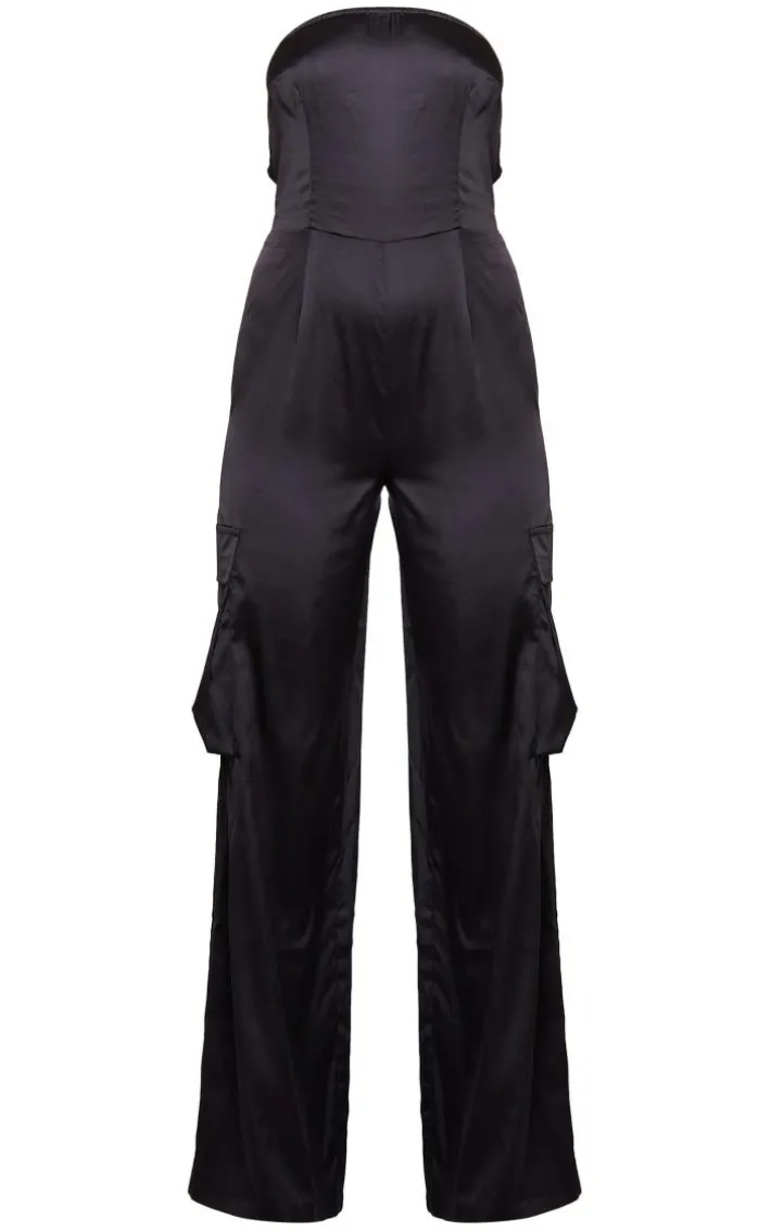 Black Satin Bandeau Cargo Flared Jumpsuit