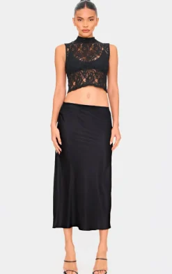 Black Satin Bias Cut Midi Skirt