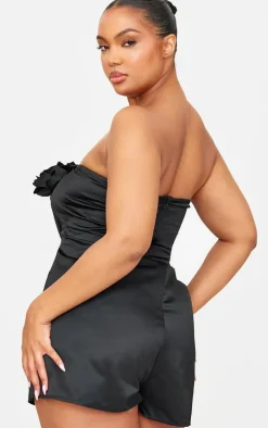 Black Satin Floral Corsage Detail Bandeau Romper
