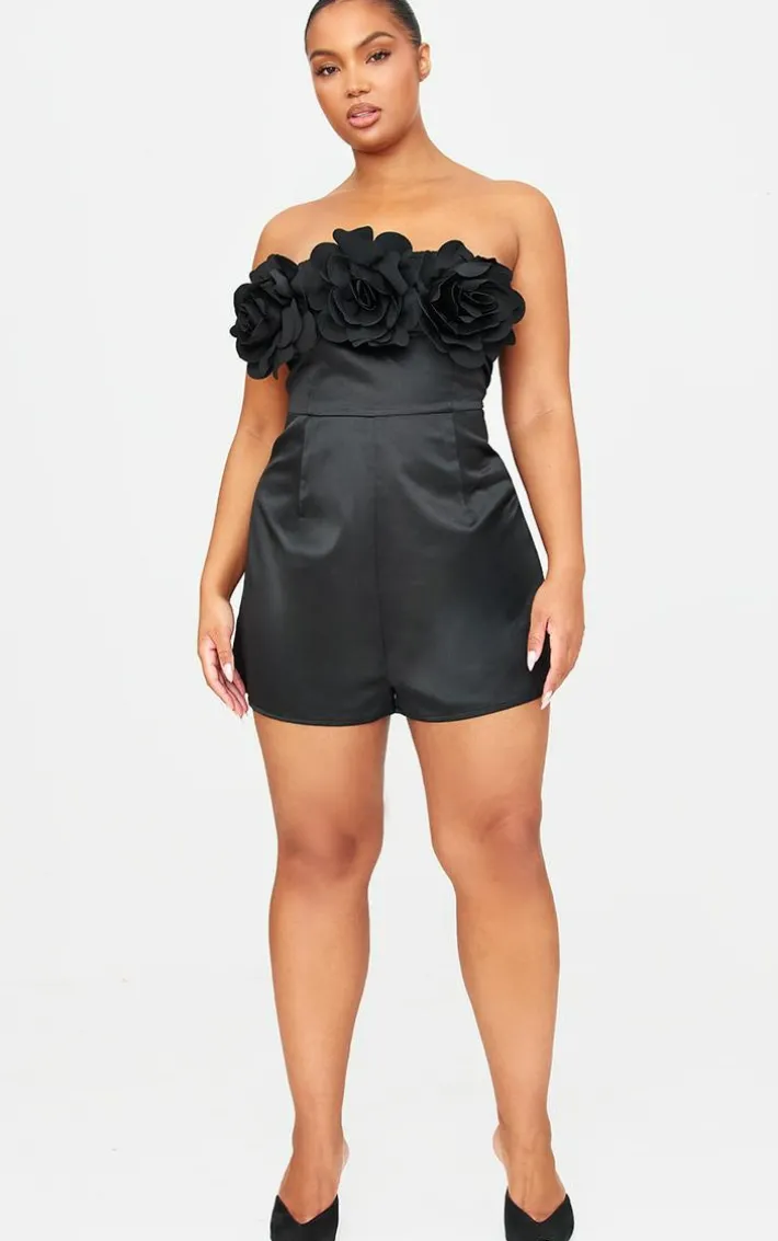 Black Satin Floral Corsage Detail Bandeau Romper