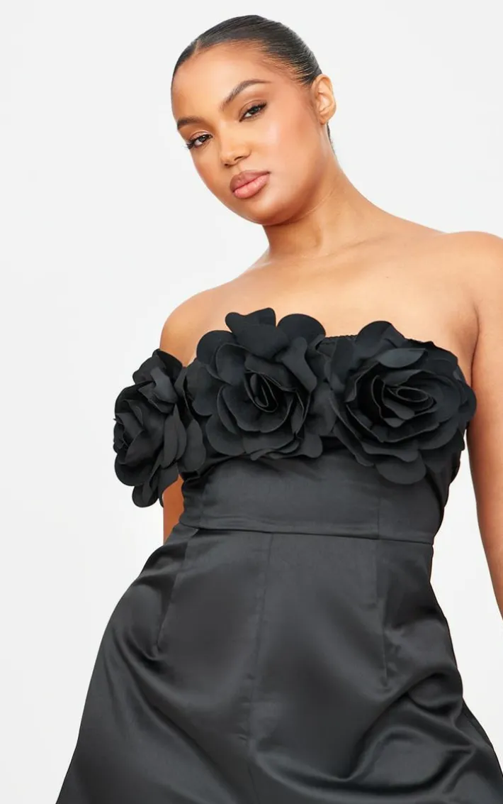 Black Satin Floral Corsage Detail Bandeau Romper