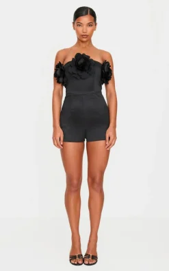 Black Satin Floral Corsage Detail Bandeau Romper