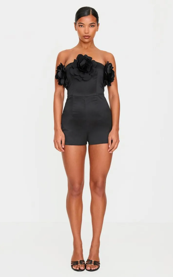 Black Satin Floral Corsage Detail Bandeau Romper