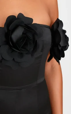 Black Satin Floral Corsage Detail Bandeau Romper