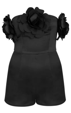 Black Satin Floral Corsage Detail Bandeau Romper