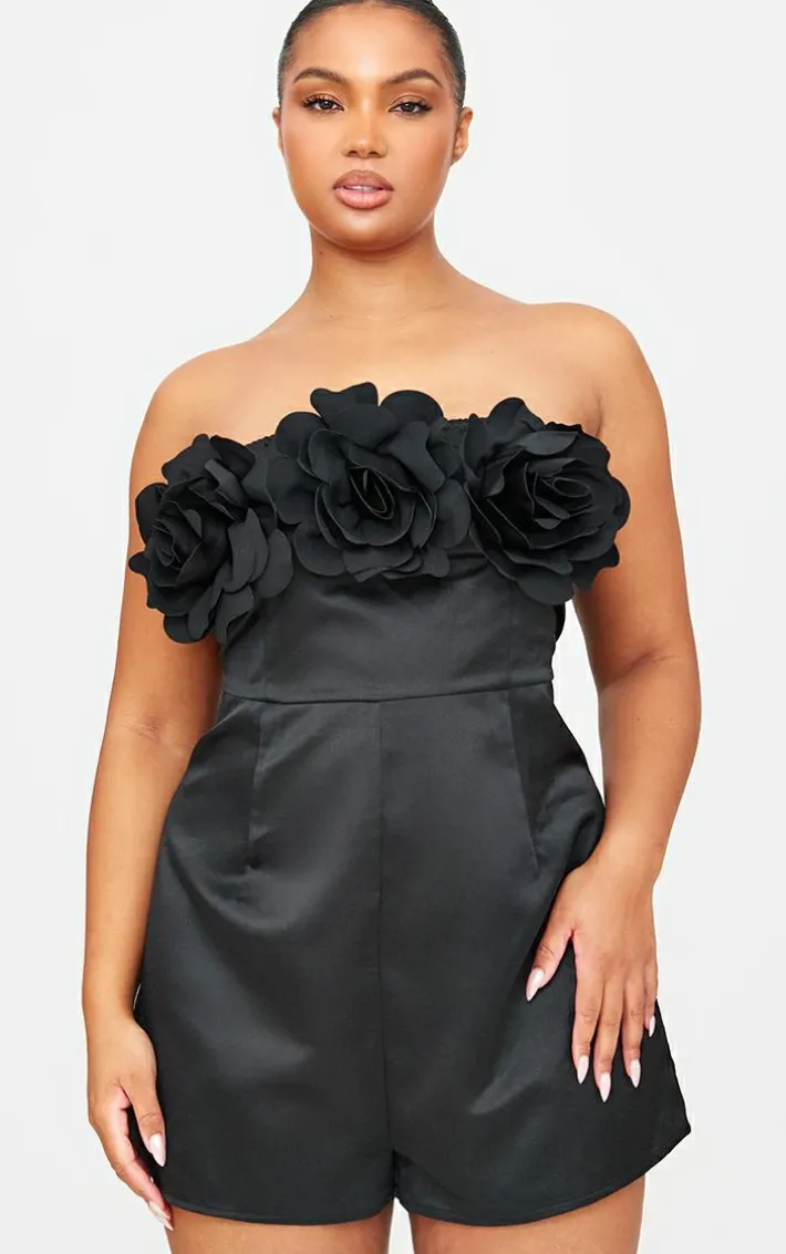 Black Satin Floral Corsage Detail Bandeau Romper