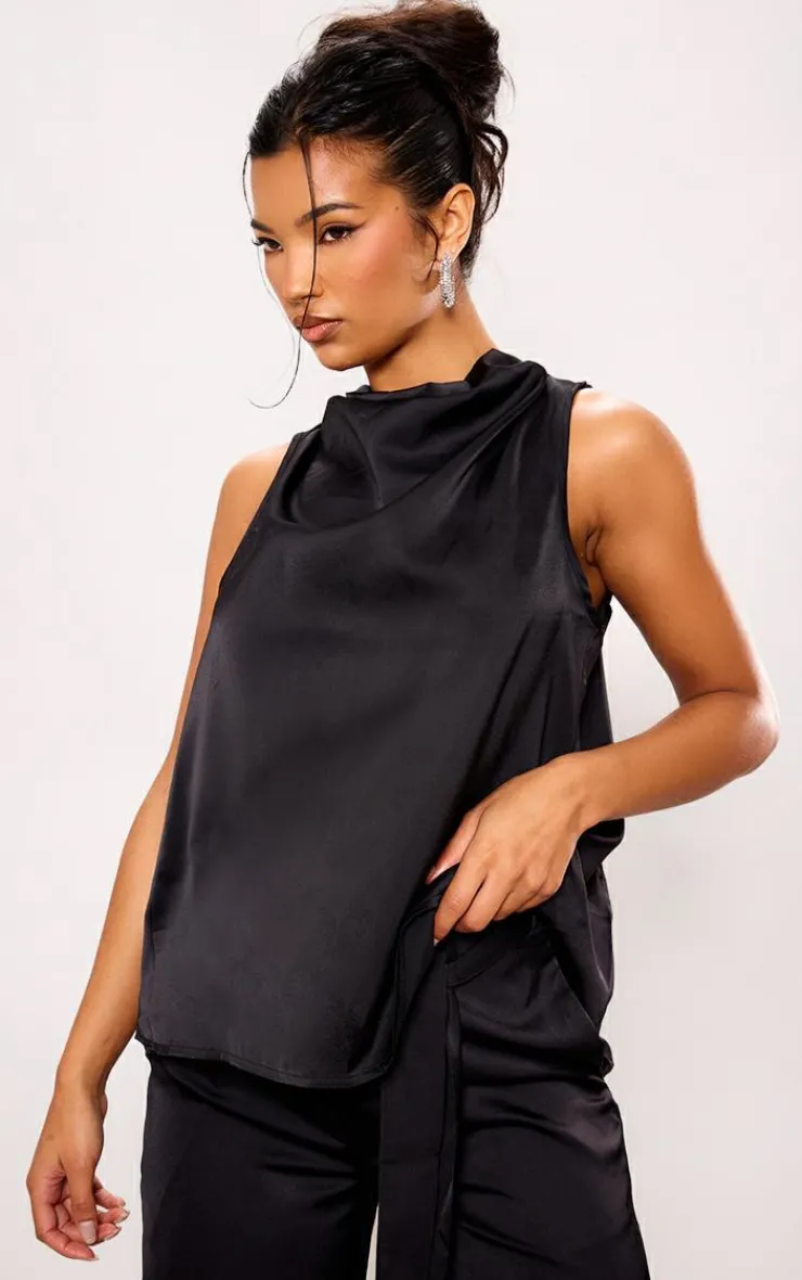 New PrettyLittleThing Satin Open Back Longline Top Black