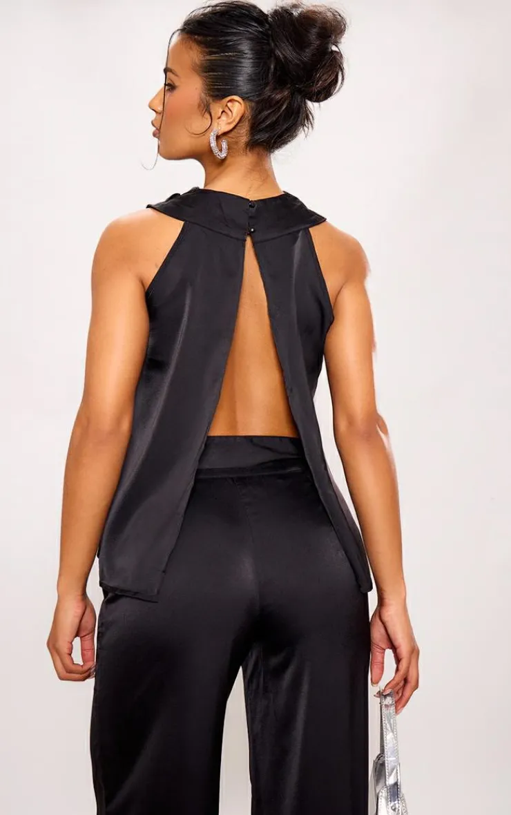 New PrettyLittleThing Satin Open Back Longline Top Black
