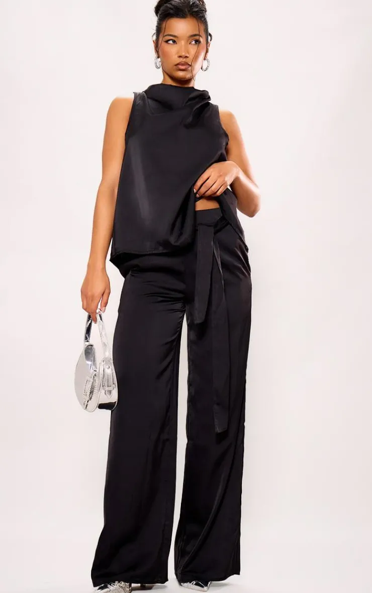 New PrettyLittleThing Satin Open Back Longline Top Black