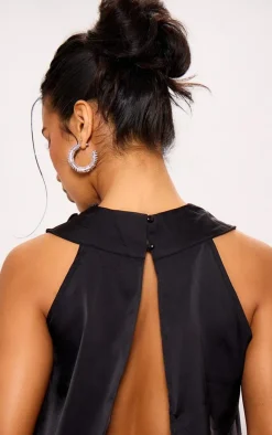 New PrettyLittleThing Satin Open Back Longline Top Black