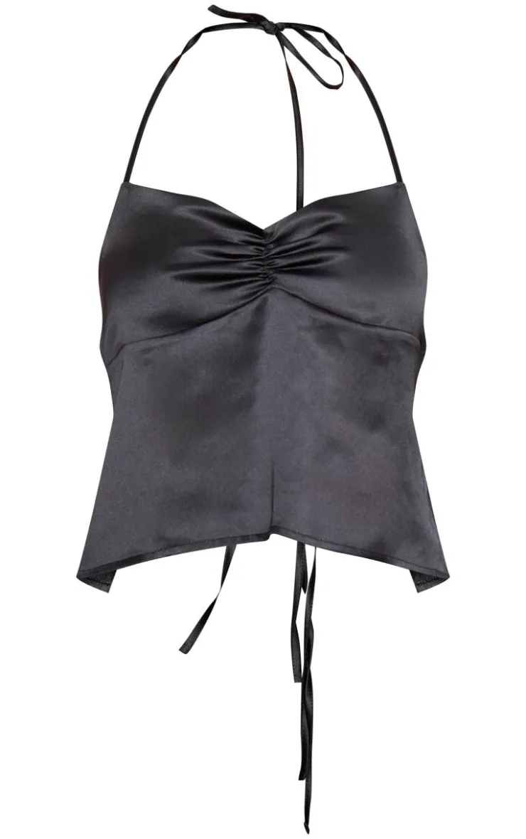 Discount PrettyLittleThing Satin Ruched Halterneck Tie Back Cami Top Black