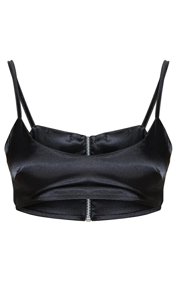 Clearance PrettyLittleThing Satin Scoop Neck Cropped Top Black