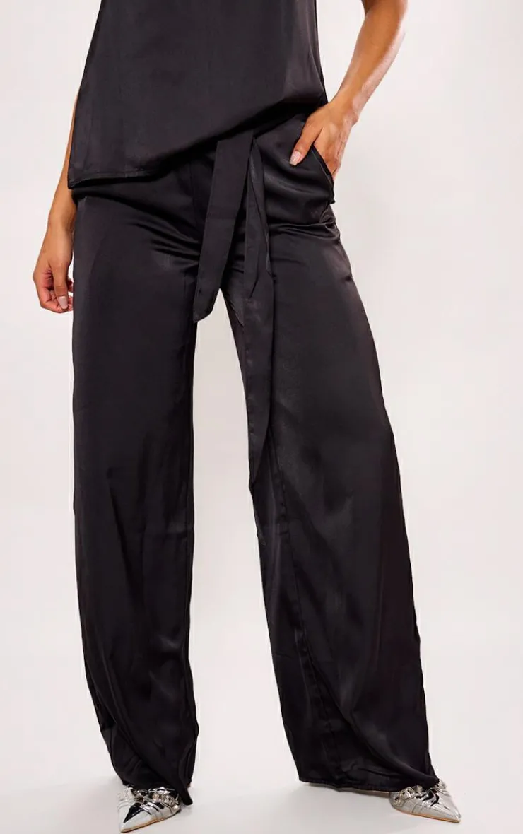Discount PrettyLittleThing Satin Tailored Belted Wide Leg Pants Black