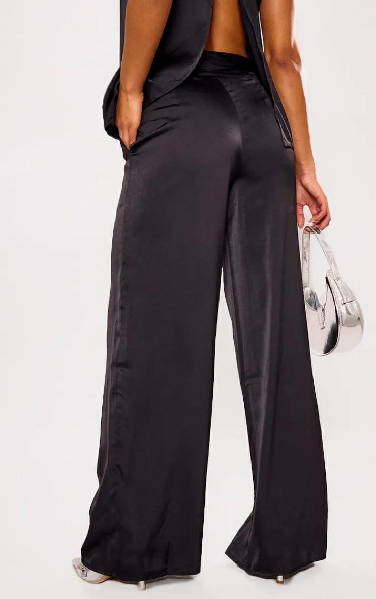 Discount PrettyLittleThing Satin Tailored Belted Wide Leg Pants Black