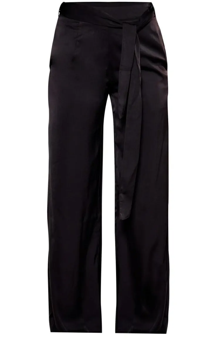 Discount PrettyLittleThing Satin Tailored Belted Wide Leg Pants Black