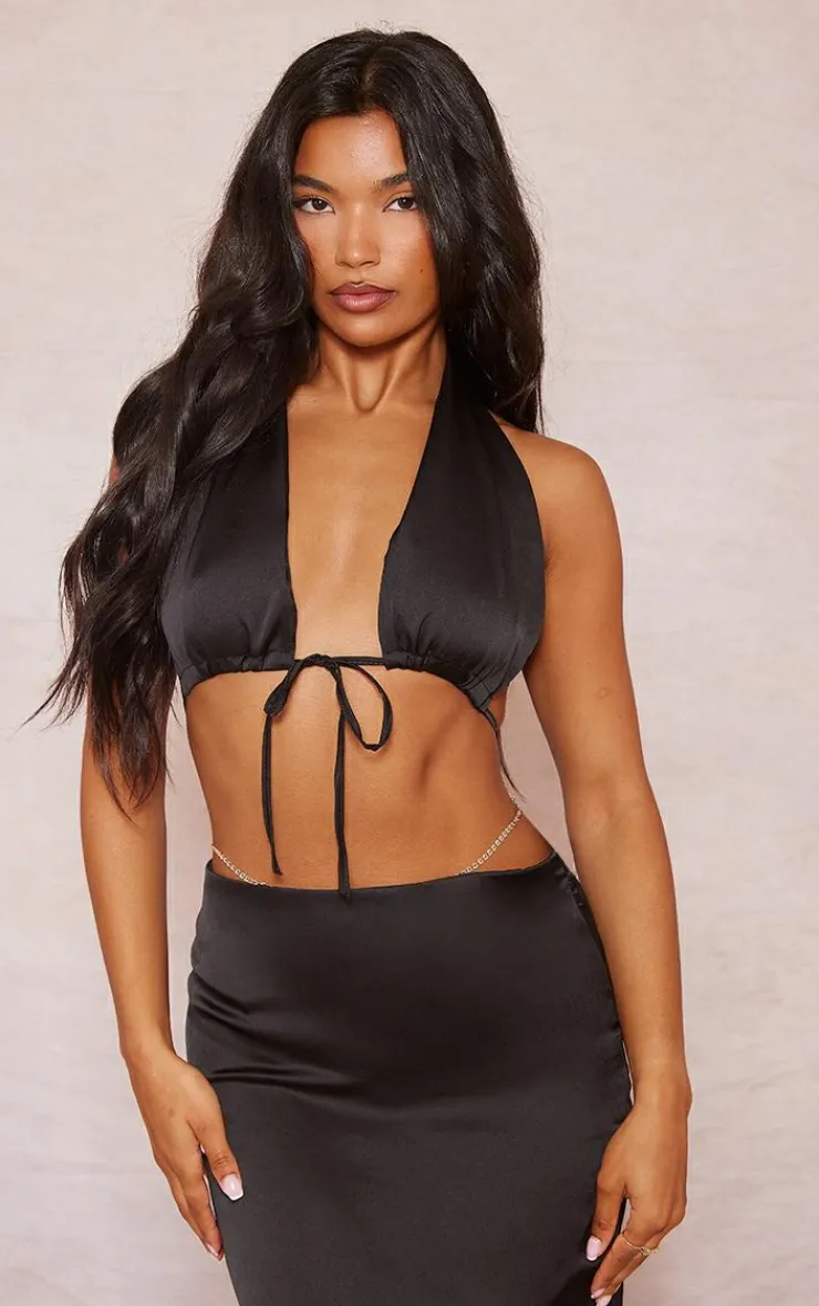 Discount PrettyLittleThing Satin Tie Front Triangle Bralet Black