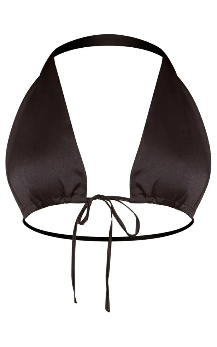 Discount PrettyLittleThing Satin Tie Front Triangle Bralet Black