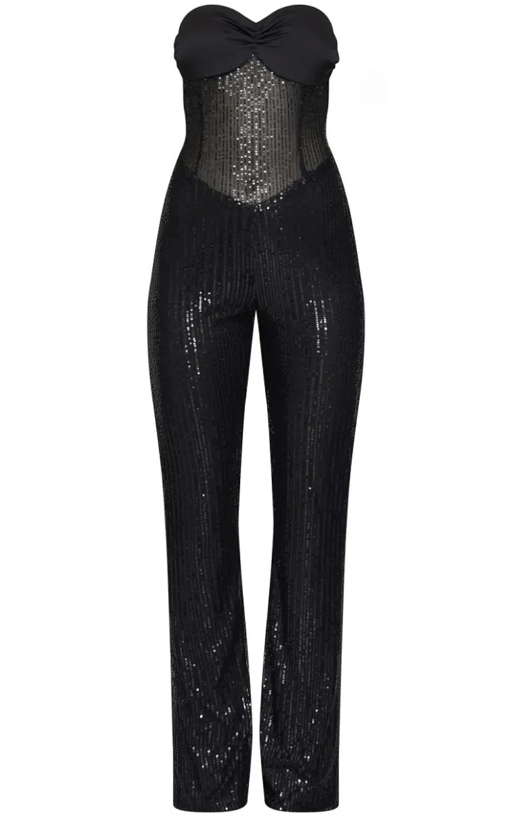 Sequin Bandeau Sheer Panel Jumpsuit-PrettyLittleThing Online