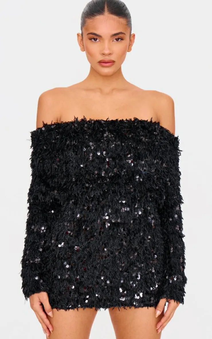 Sequin Feather Bardot Long Sleeve Mini Dress-PrettyLittleThing