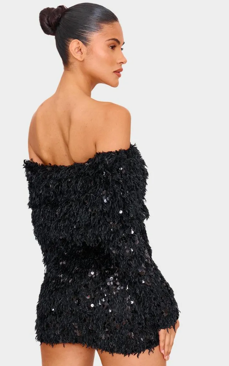 Sequin Feather Bardot Long Sleeve Mini Dress-PrettyLittleThing
