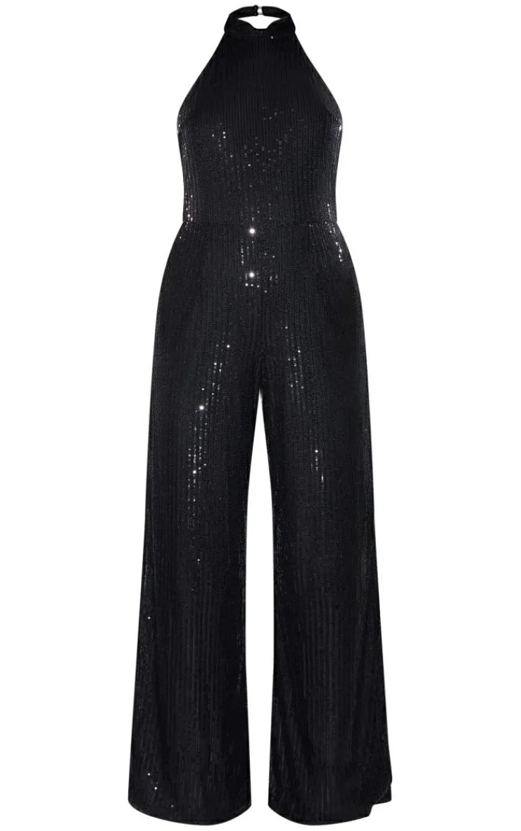 Sequin Halterneck Flared Backless Jumpsuit-PrettyLittleThing Discount