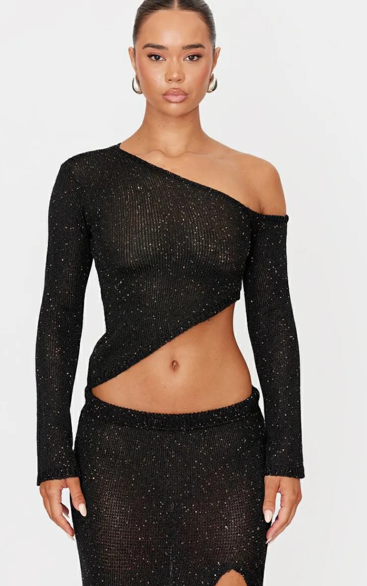 New PrettyLittleThing Sequin Knit Asymmetric Long Sleeve Crop Top Black