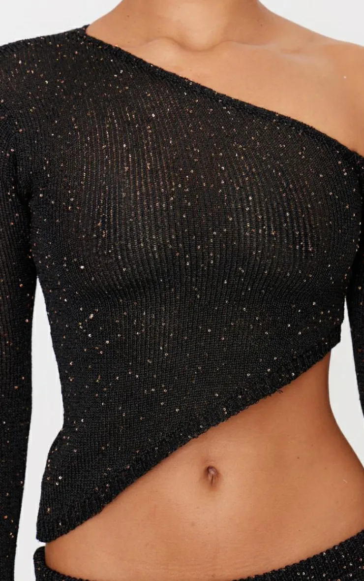 New PrettyLittleThing Sequin Knit Asymmetric Long Sleeve Crop Top Black