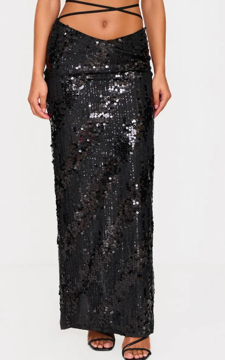 Discount PrettyLittleThing Sequin Low Rise Split Leg Maxi Skirt Black