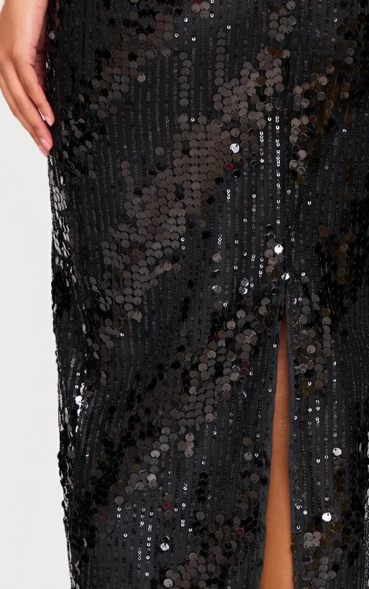 Discount PrettyLittleThing Sequin Low Rise Split Leg Maxi Skirt Black