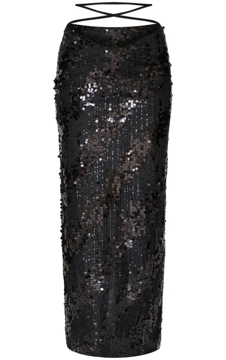 Discount PrettyLittleThing Sequin Low Rise Split Leg Maxi Skirt Black