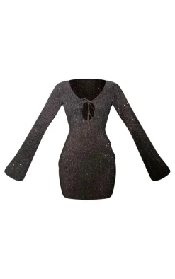 Sequin Plisse Long Sleeve Tie Detail Bodycon Dress-PrettyLittleThing