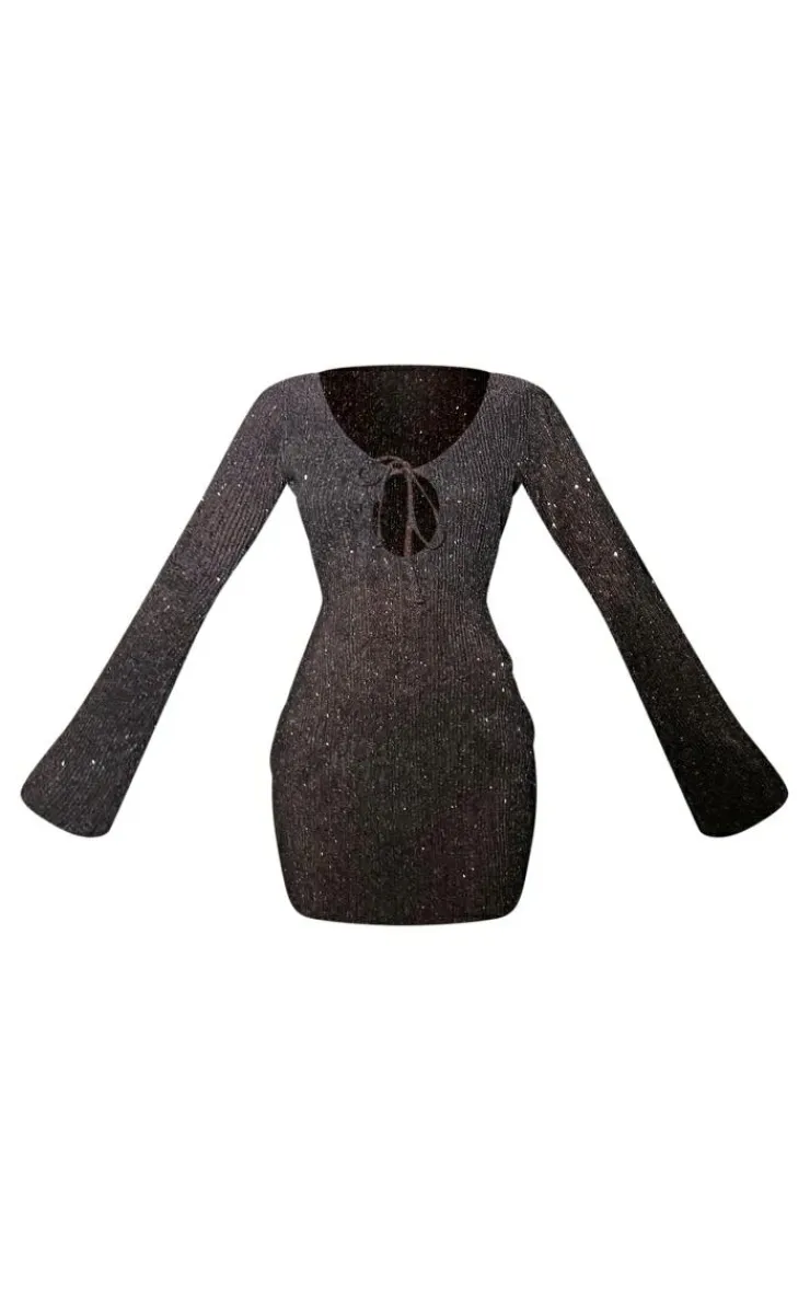 Sequin Plisse Long Sleeve Tie Detail Bodycon Dress-PrettyLittleThing