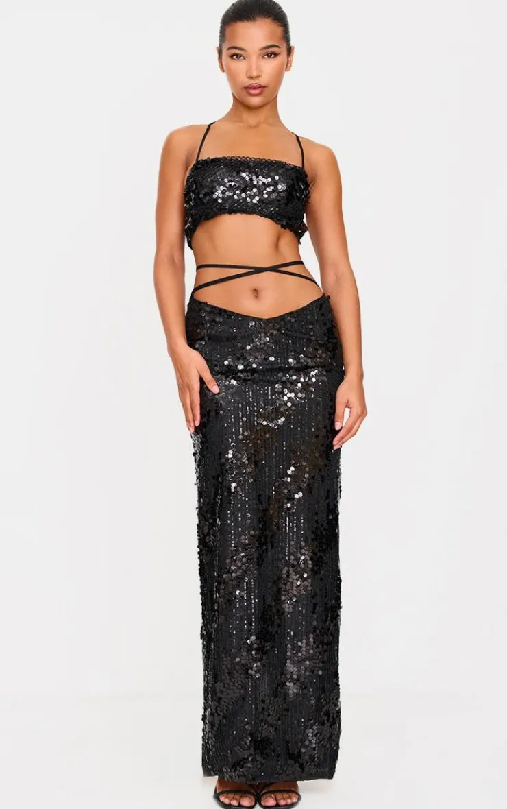 Outlet PrettyLittleThing Sequin Strap Detail Crop Top Black