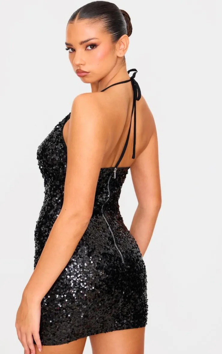 Sequin Tie Cowl Halter Neck Bodycon Dress-PrettyLittleThing Outlet