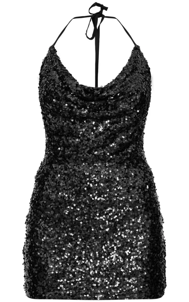 Sequin Tie Cowl Halter Neck Bodycon Dress-PrettyLittleThing Outlet