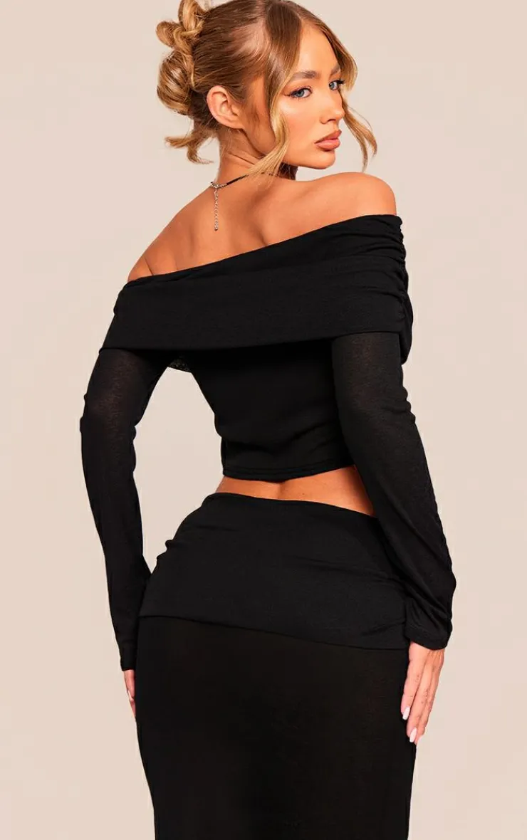 Clearance PrettyLittleThing Sheer Burnout Mesh Fold Over Hem Long Sleeve Bardot Top Black